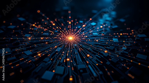 An array of interconnected circuit paths illuminates a central point with glowing lights, illustrating the intricate beauty of technology in a dark environment