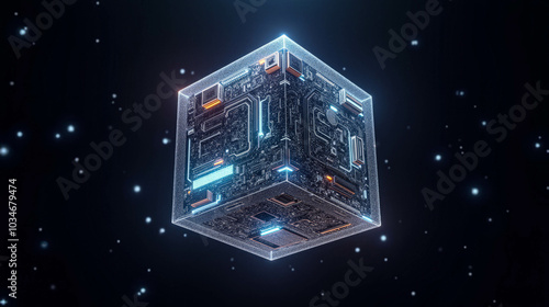Wallpaper Mural The glowing cube, designed with complex circuitry, hovers silently in a dark space environment filled with sparkling stars and luminous particles, creating a vibrant sci-fi atmosphere Torontodigital.ca