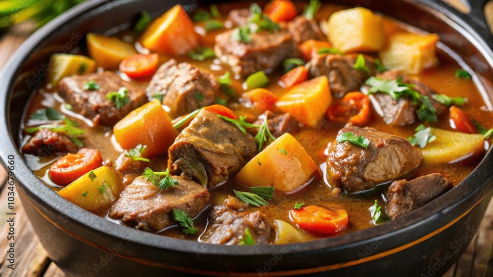 Succulent beef stew cooking in a crock pot, showcasing its rich colors and textures up close, beef stew Succulent beef stew cooking in a crock pot, showcasing its rich colors and textures up close, beef stew