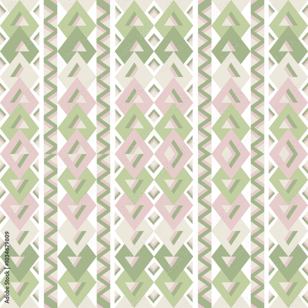 Green, pink, and white geometric vector patterns that are traditional, ethnic, Navajo, or Native American Indian. Design for clothing, curtains, carpets, sarongs, Hmong, and fabric edges.