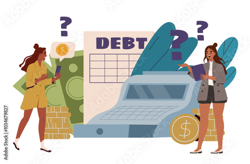 Cash register account. Women near coins and banknotes. Accounting and budgeting. Receipt and tax with debt inscription. Paper currency. Flat vector illustration isolated on white background