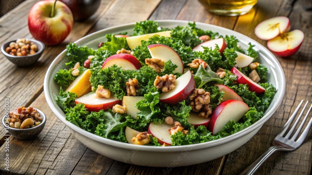 Fresh kale salad with diced apple, walnuts, and a vinaigrette dressing, healthy, food, salad, kale, apple, walnuts Fresh kale salad with diced apple, walnuts, and a vinaigrette dressing, healthy, food, salad, kale, apple, walnuts