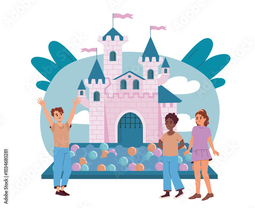 Castle for children. Boys and girl near castle with bouncing balls. Fun and entertainment, leisure. Active game for preschoolers. Flat vector illustration isolated on white background
