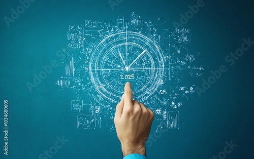 3D rendering of a male hand gripping a 2025 year goal planning sketch on a bright blue background, with designated mockup space for planning and achievement themes photo