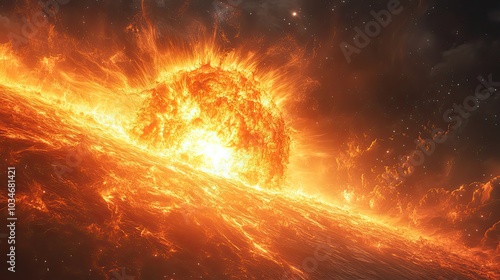 vivid depiction of coronal mass ejection from the sun illustrating the intense energy and plasm ejection during solar storm.stock image photo