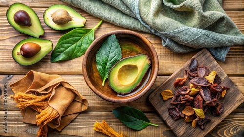 Avocado natural dyeing set up with bowl of decoction, avocado fruit, dried peel, leaves, and fabric samples , natural dye photo