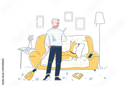 Man with cleaning at home. Young guy sweeps room and apartment. Cleanliness and hygiene. Routine and household chores. Linear vector illustration isolated on white background