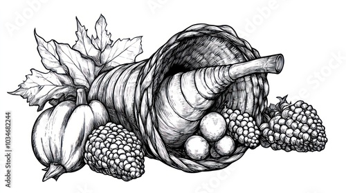 Thanksgiving cornucopia with pumpkins and berries