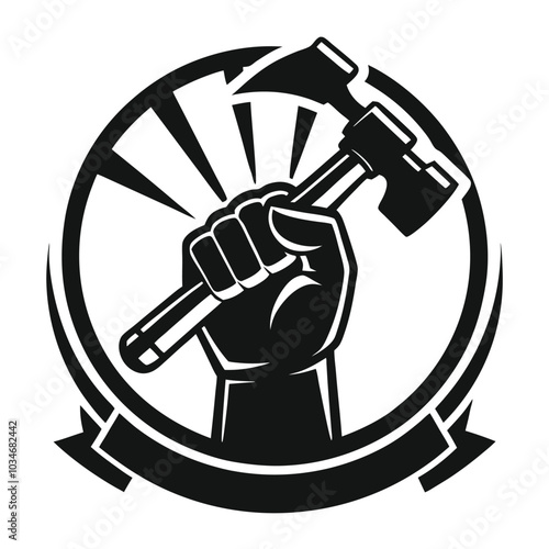 Silhouette hand holding hammer for construction or labor day celebration logo symbol design on white background