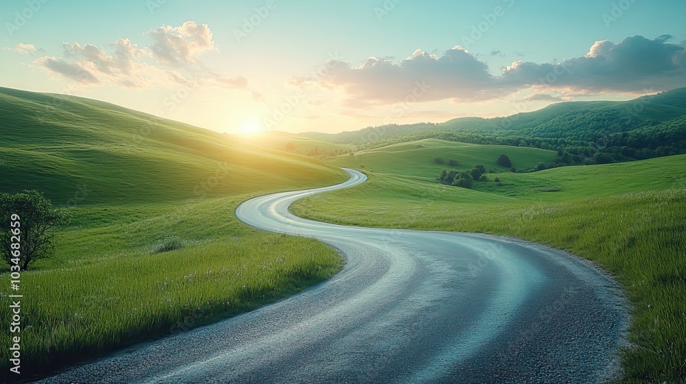winding road leading towards bright horizon symbolizing the journey and challenges on the path to achieving success ideal for motivational and business themes.illustration winding road leading towards bright horizon symbolizing the journey and challenges on the path to achieving success ideal for motivational and business themes.illustration