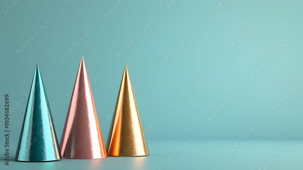 Three Metallic Cones on a Blue Background. Three Metallic Cones on a Blue Background.