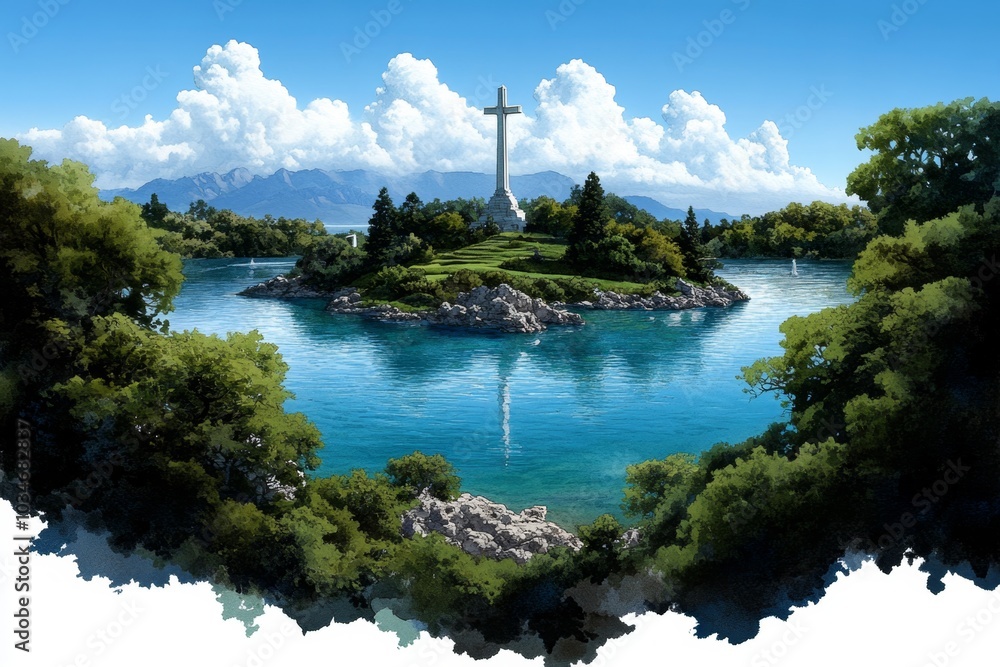 Obraz premium A soft watercolor of the Creation Museum gardens, blending greens and blues