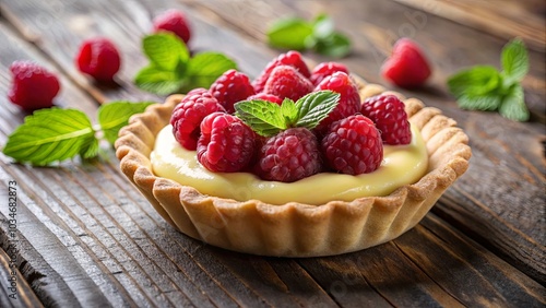 A Delicate Pastry Shell Filled with Creamy Custard and Topped with Fresh Raspberries and a Sprig of Mint, Presented on a Rustic Wooden Surface