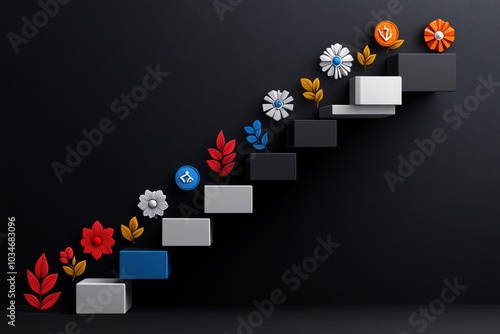 A staircase representing the progression from thesis to antithesis to synthesis, with symbols at each level