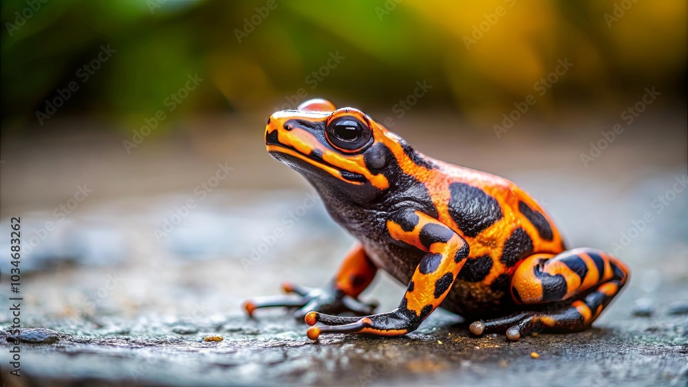 Fototapeta premium A Vibrant Amphibian with Striking Black, Orange, and Red Markings on a Rough, Natural Surface