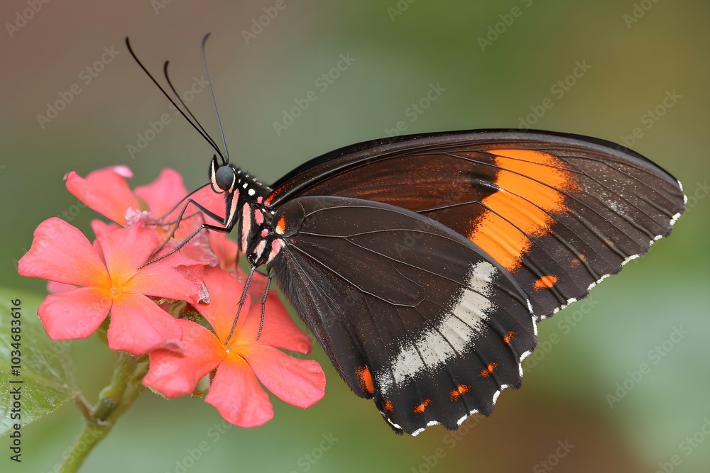 Naklejka premium Black and Orange Butterfly on Pink Flower
