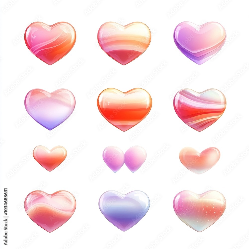 Collection of 12 3D Hearts with Gradient Colors and Textures Collection of 12 3D Hearts with Gradient Colors and Textures