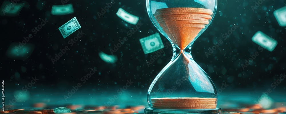 An hourglass filled with sand, surrounded by floating money, symbolizing the relationship between time and wealth. An hourglass filled with sand, surrounded by floating money, symbolizing the relationship between time and wealth.