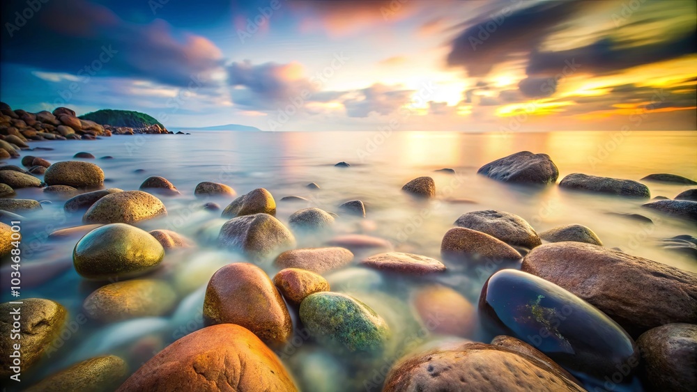 The Smooth, Rounded Stones of a Shore Bathed in the Warm Hues of a Sunset, Reflecting the Tranquil Beauty of Nature The Smooth, Rounded Stones of a Shore Bathed in the Warm Hues of a Sunset, Reflecting the Tranquil Beauty of Nature
