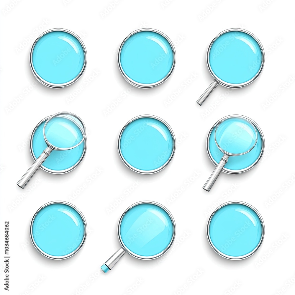 Nine Circular Buttons With Blue Fill and Silver Trim, Three With Magnifying Glass Handles Nine Circular Buttons With Blue Fill and Silver Trim, Three With Magnifying Glass Handles