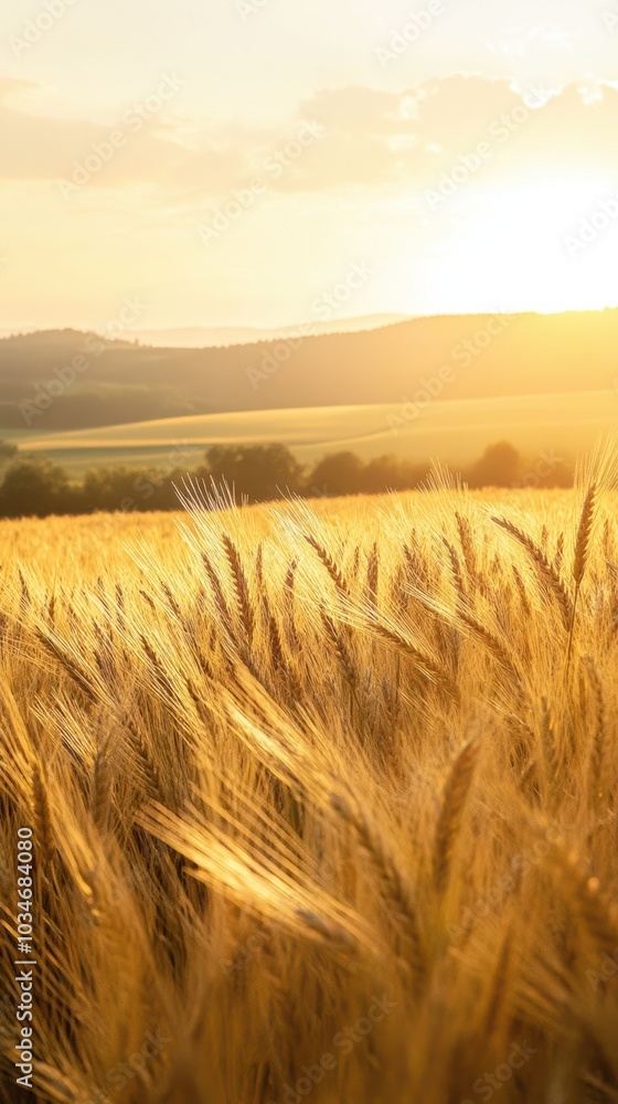 A golden wheat field swaying gently in the breeze, with the sun setting behind distant hills A golden wheat field swaying gently in the breeze, with the sun setting behind distant hills