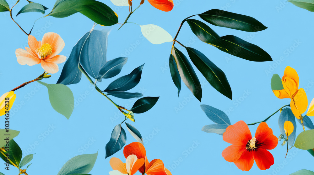 flowers print and plants print tree branch in red yellow green blue colored exotic seamless patchwork pattern. fashion trendy silk satin banner background for fabric textile design wallpaper flowers print and plants print tree branch in red yellow green blue colored exotic seamless patchwork pattern. fashion trendy silk satin banner background for fabric textile design wallpaper