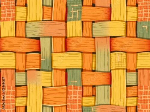 A colorful woven pattern with a yellow and green stripe. The pattern is made up of different colored strips of wood photo