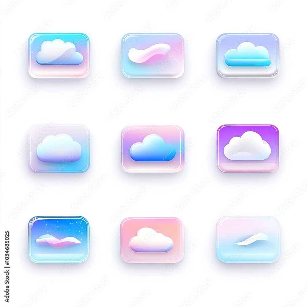 Nine 3D Cloud Icons with Gradient Backgrounds Nine 3D Cloud Icons with Gradient Backgrounds