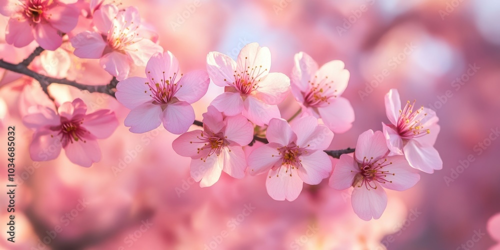 Pink cherry blossoms in bloom against a blurred background. Pink cherry blossoms in bloom against a blurred background.