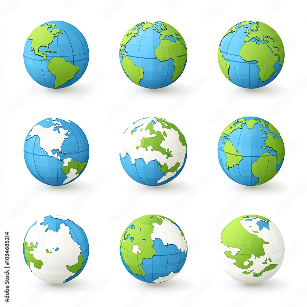 Nine 3D globes with different colored continents on a white background Nine 3D globes with different colored continents on a white background