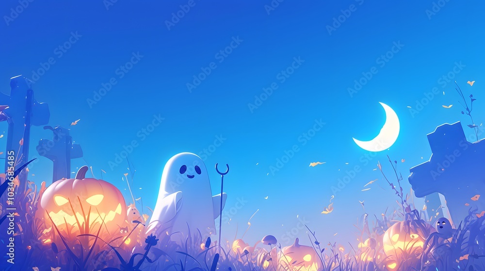 Spooky Halloween Ghost in Graveyard with Jack-o-Lanterns and Crescent Moon. illustration for Happy Halloween series art background Spooky Halloween Ghost in Graveyard with Jack-o-Lanterns and Crescent Moon. illustration for Happy Halloween series art background
