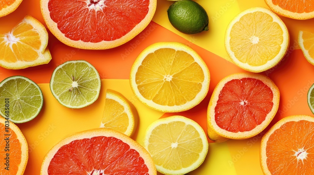 Obraz premium Creative arrangement of lemon lime orange and grapefruit Flat lay Food concept with vibrant citrus fruits on a colorful backdrop