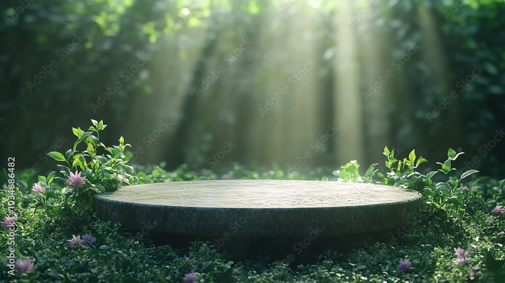 A circular stone platform with a lush green foliage background, illuminated by a beam of sunlight. A circular stone platform with a lush green foliage background, illuminated by a beam of sunlight.