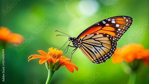 A Vibrant Butterfly With Black and Orange Wings Nectaring on a Sun-Kissed Flower in a Lush Green Garden