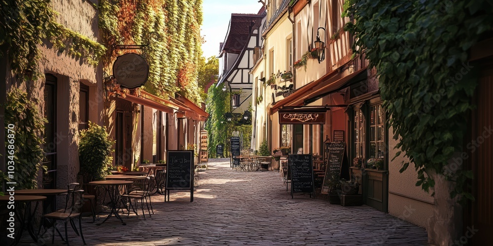 Cobblestone street with cafe tables and greenery. Cobblestone street with cafe tables and greenery.