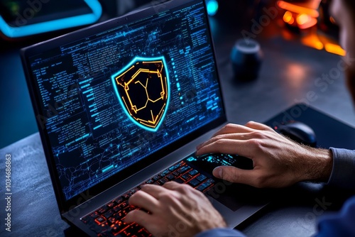 Ethical hacker, analyzing system logs on a computer, performing a penetration test with glowing digital shields appearing on screen