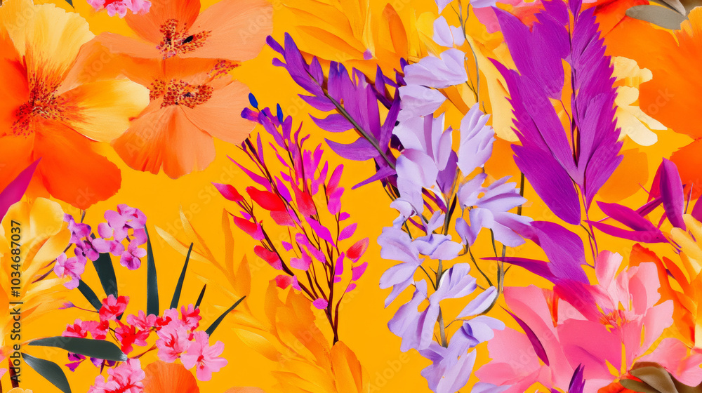 flowers print and plants print in orange pink purple magenta colored exotic seamless patchwork pattern. fashion trendy banner background for fabric textile design wallpaper flowers print and plants print in orange pink purple magenta colored exotic seamless patchwork pattern. fashion trendy banner background for fabric textile design wallpaper
