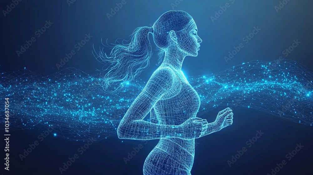 A digital rendering of a female runner, depicted as a wireframe model, with a blue, glowing energy trail behind her. A digital rendering of a female runner, depicted as a wireframe model, with a blue, glowing energy trail behind her.