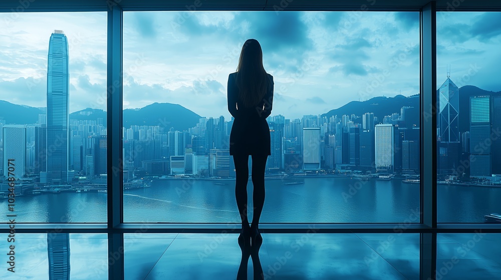 Fototapeta premium Businesswoman in Modern Office Overlooking Cityscape