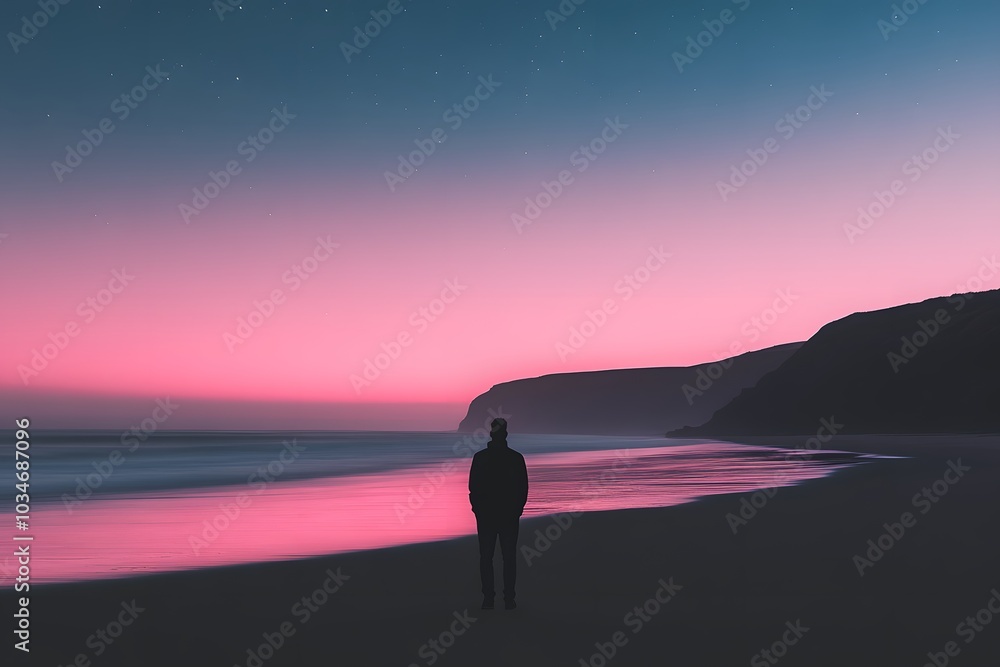 Silhouette of Man on Beach at Sunset with Pink Sky and Stars Silhouette of Man on Beach at Sunset with Pink Sky and Stars