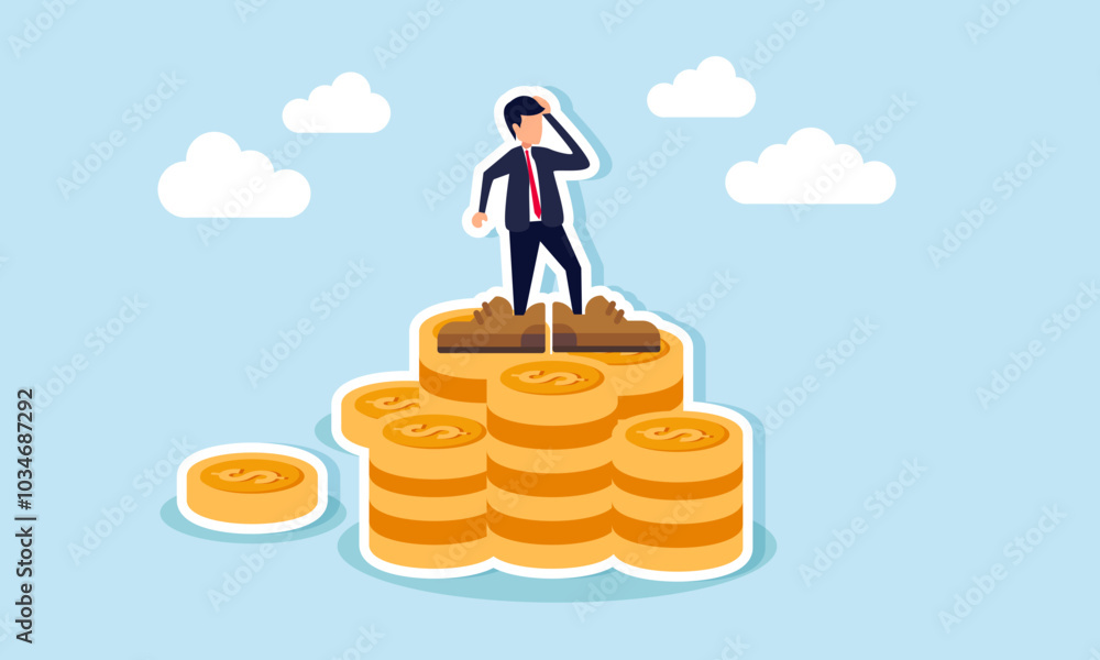 A businessman with oversized shoes stands on a pile of dollar coins, illustration of discomfort in the effort to gather substantial assets A businessman with oversized shoes stands on a pile of dollar coins, illustration of discomfort in the effort to gather substantial assets