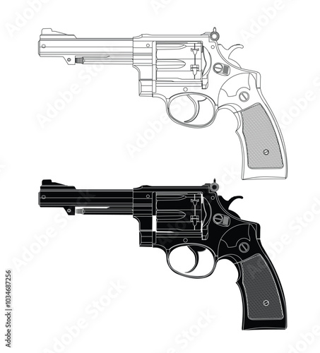 Black and white outline vector revolver pistol