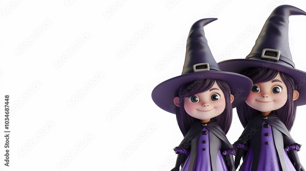 Cute 3D Cartoon Witch Twins. illustration for Happy Halloween series art background Cute 3D Cartoon Witch Twins. illustration for Happy Halloween series art background