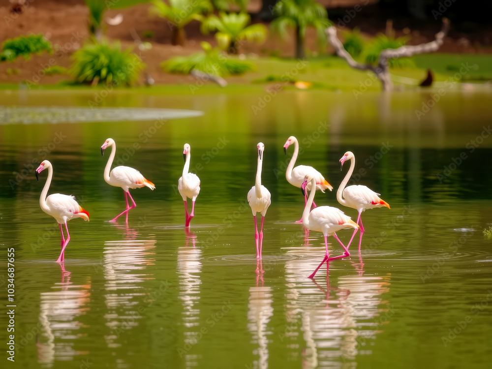 A group of flamingos are walking in a pond. The water is green and the birds are pink A group of flamingos are walking in a pond. The water is green and the birds are pink