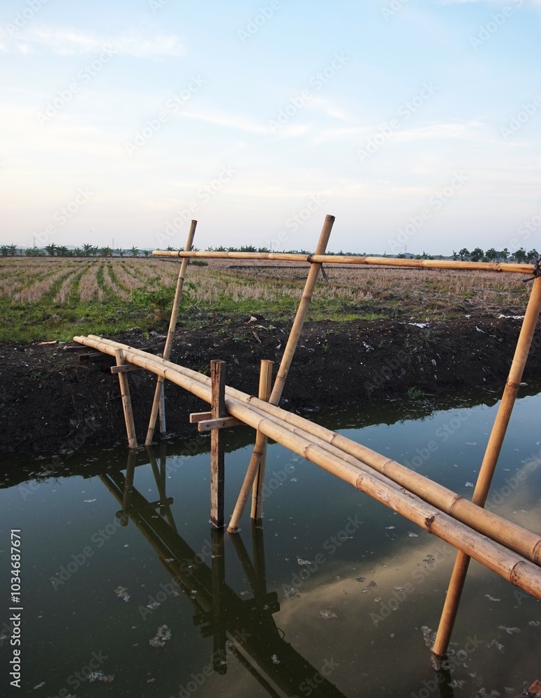 photo of a simple bridge made of bamboo wood, a bridge for crossing a small river in the rice fields photo of a simple bridge made of bamboo wood, a bridge for crossing a small river in the rice fields