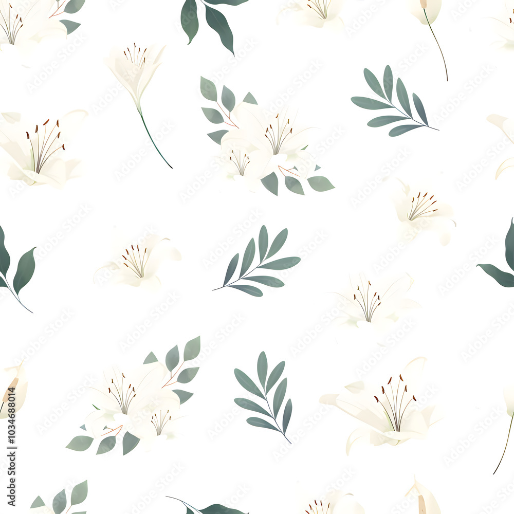 Elegant Lily Bloom Pattern – A minimal and sophisticated floral design with white lilies and lush green leaves on a light background Elegant Lily Bloom Pattern – A minimal and sophisticated floral design with white lilies and lush green leaves on a light background