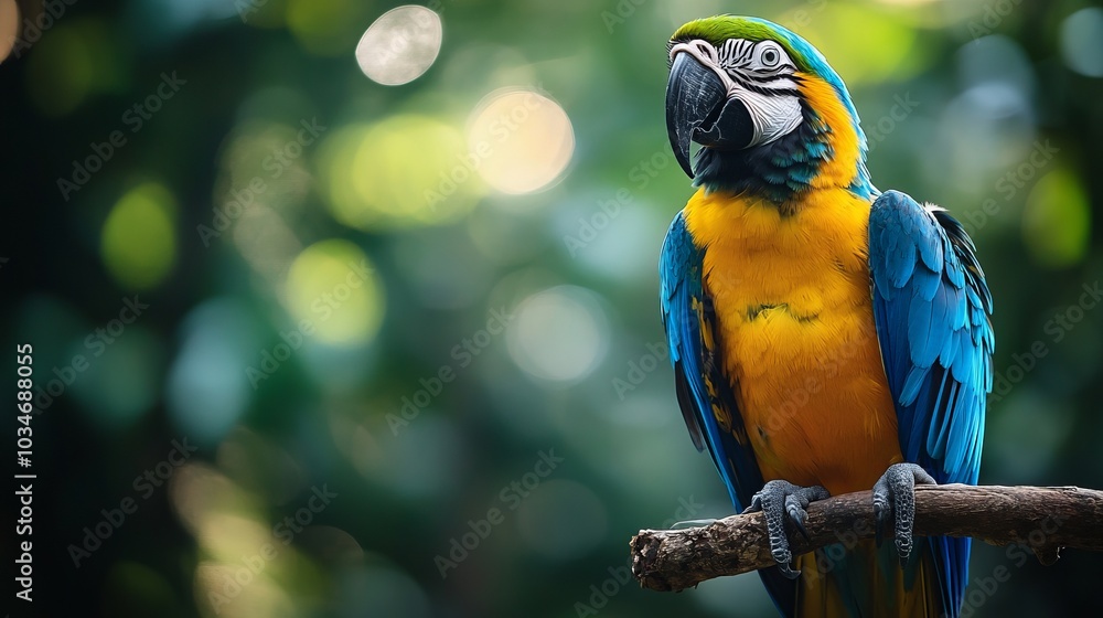 A vibrant blue and yellow macaw perches on a branch, with a blurred green forest background. A vibrant blue and yellow macaw perches on a branch, with a blurred green forest background.