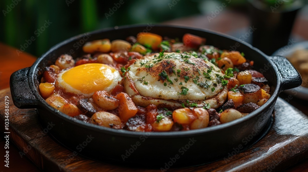 A delicious meal of eggs, beans, and possibly tomatoes or other ingredients cooking in a frying pan. A delicious meal of eggs, beans, and possibly tomatoes or other ingredients cooking in a frying pan.