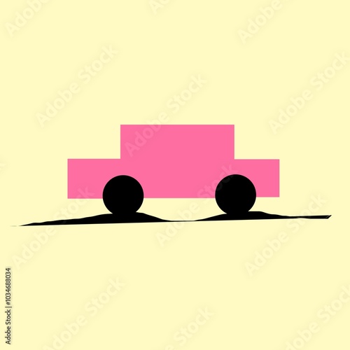 Minimalist pink car illustration on yellow background.