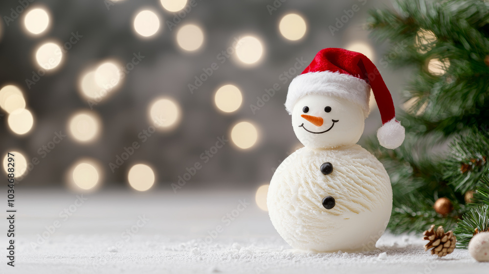 A cheerful snowman wearing a red hat beside a festive Christmas tree with glowing lights in the background. A cheerful snowman wearing a red hat beside a festive Christmas tree with glowing lights in the background.